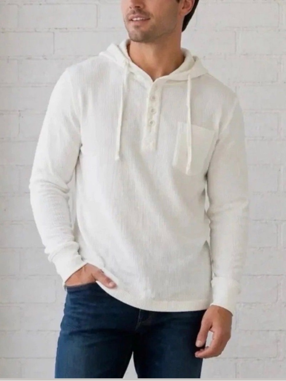 Kenneth Cole White Waffle-Knit Hooded Henley with Chest Pocket - NWT $79 msrp
